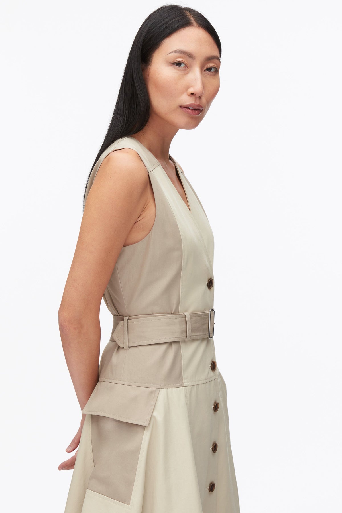 Patchwork Sleeveless Belted Utility Dress Khaki-Birch