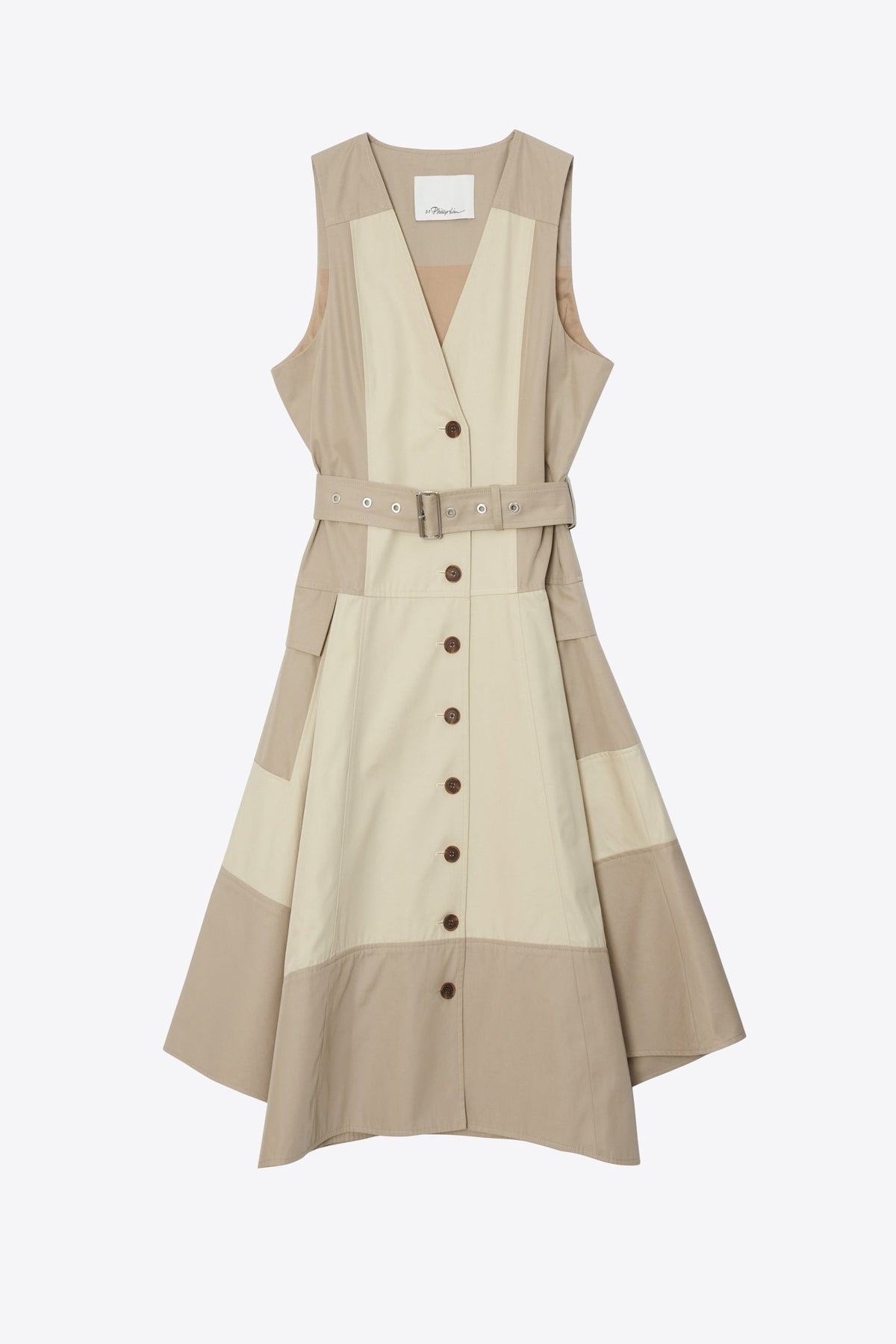 Patchwork Sleeveless Belted Utility Dress Khaki-Birch
