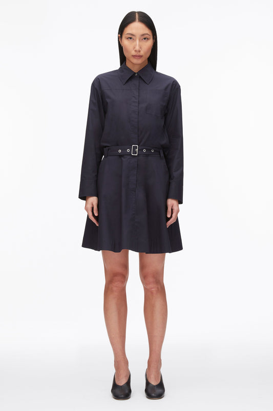 Belted Structured Cotton Shirt Dress Midnight
