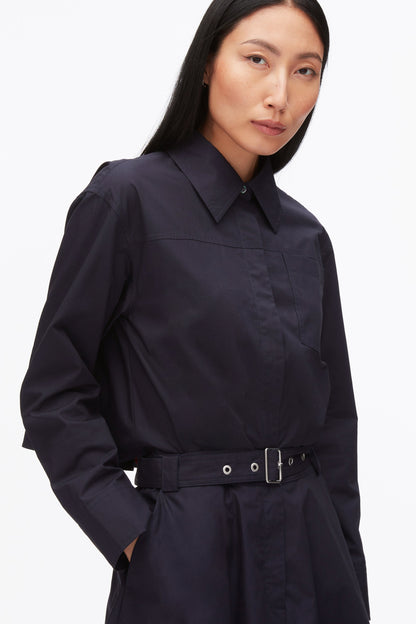 Belted Structured Cotton Shirt Dress Midnight