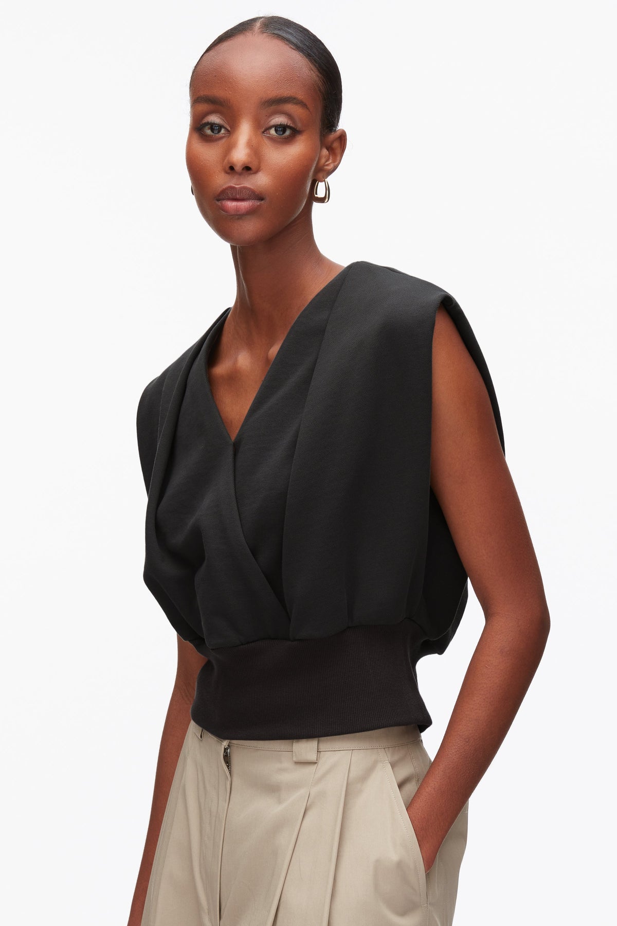 Draped Sleeveless French Terry Top Black