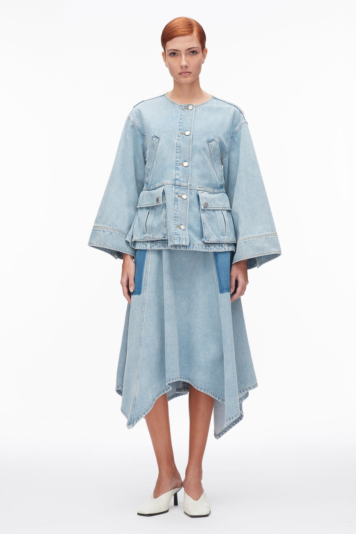 Collarless Trapeze Denim Jacket Light Blue