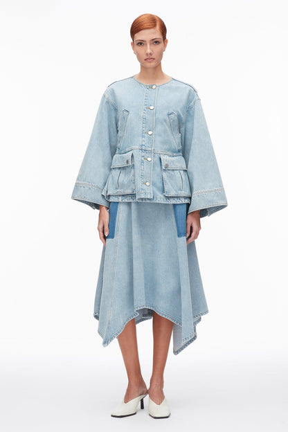 Collarless Trapeze Denim Jacket Light Blue