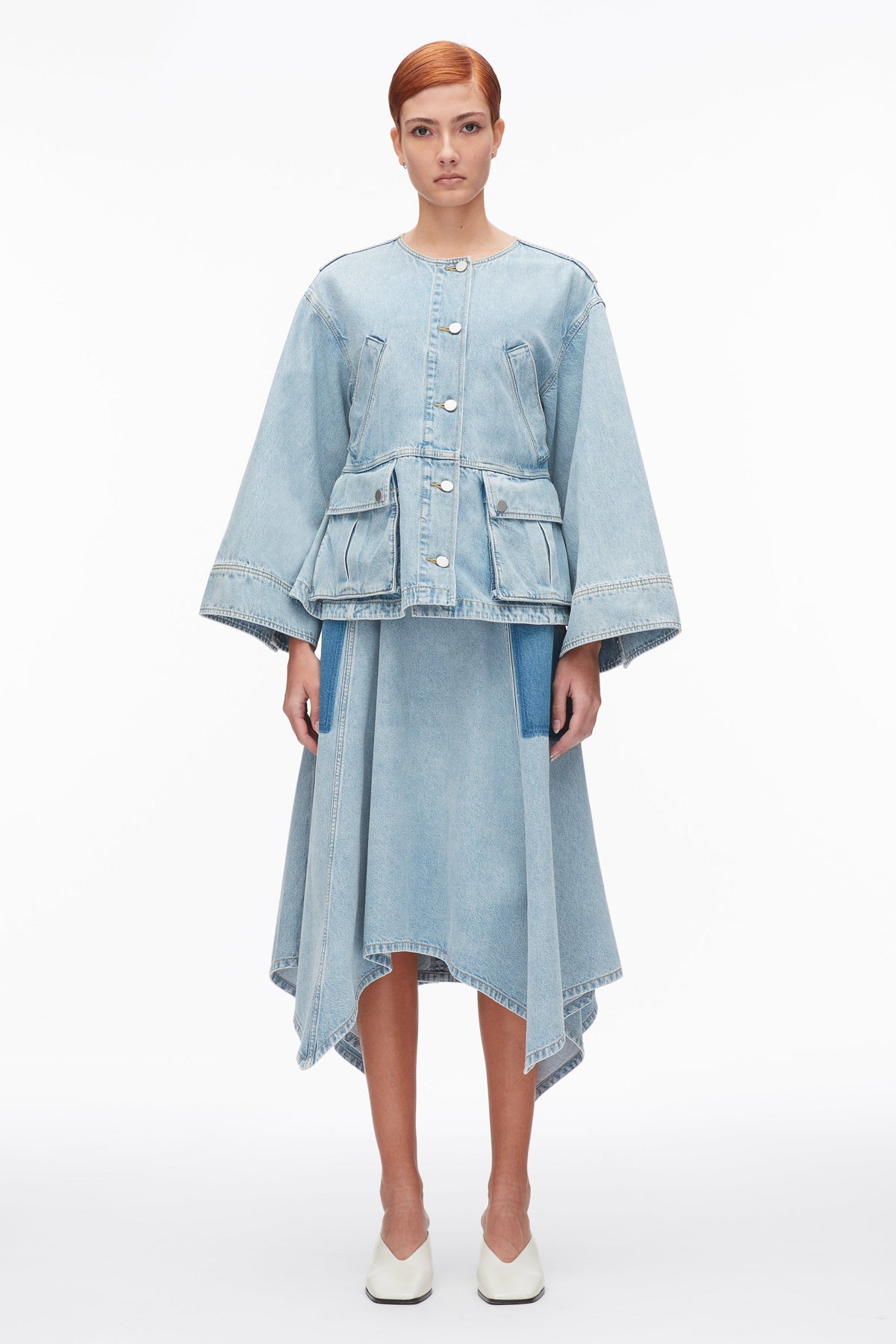 Collarless Trapeze Denim Jacket Light Blue