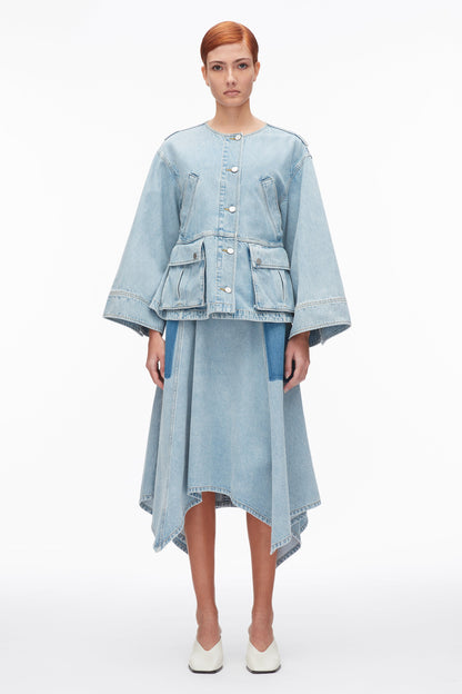 Collarless Trapeze Denim Jacket Light Blue