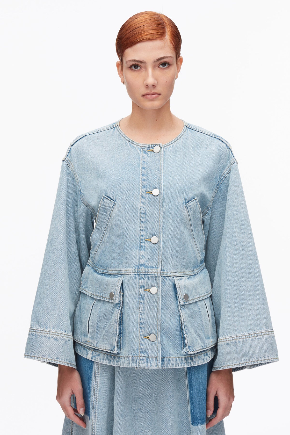 Collarless Trapeze Denim Jacket Light Blue