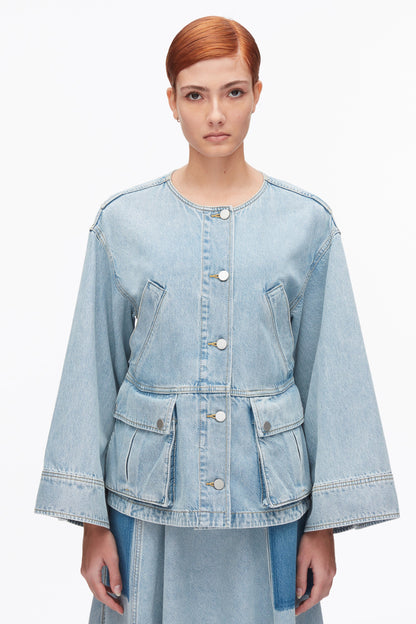 Collarless Trapeze Denim Jacket Light Blue