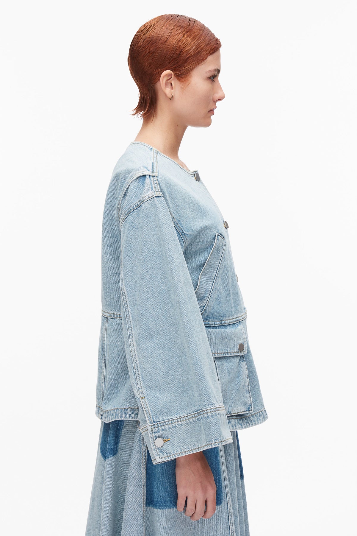Collarless Trapeze Denim Jacket Light Blue