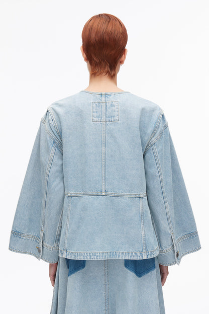 Collarless Trapeze Denim Jacket Light Blue