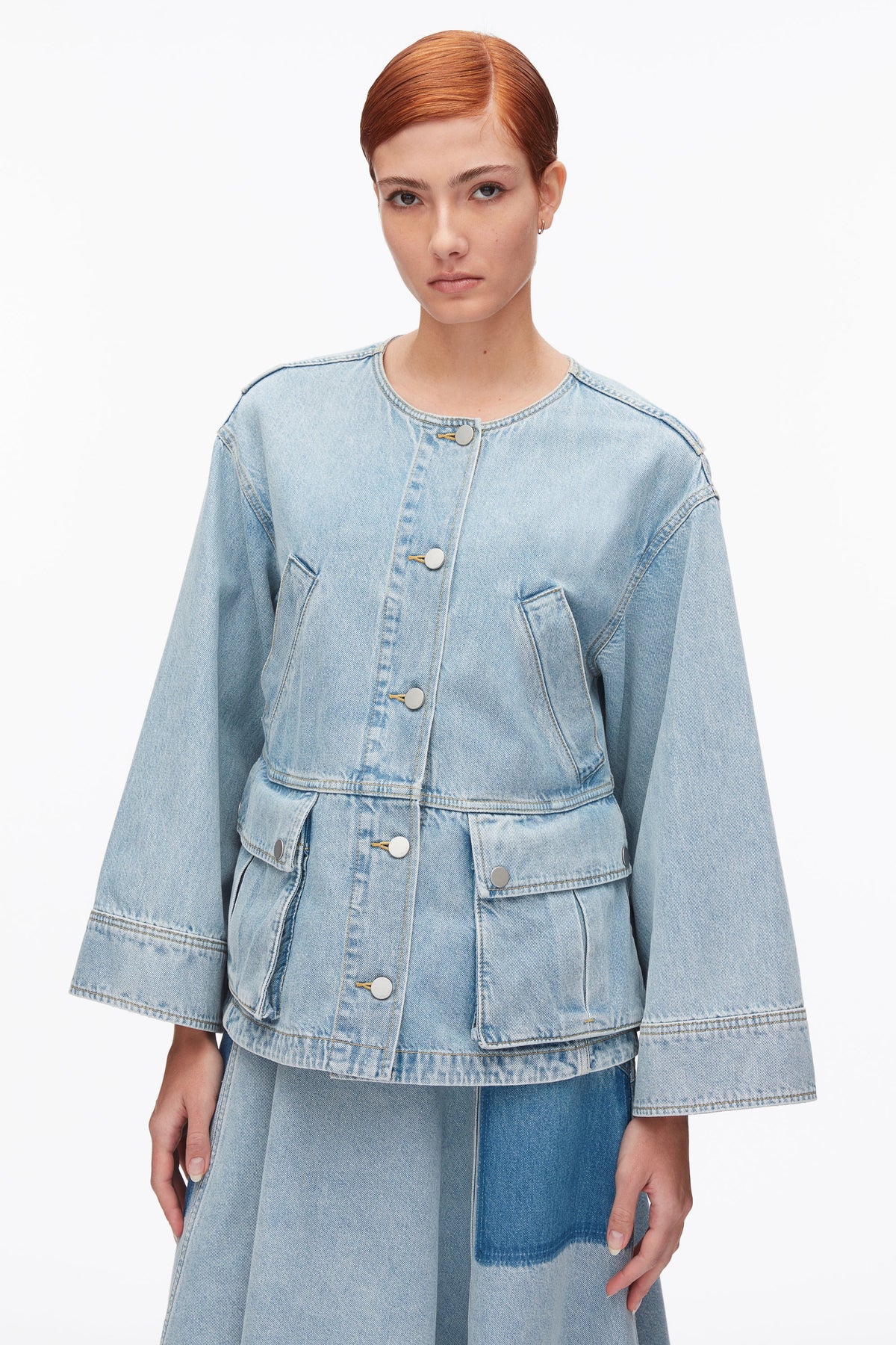 Collarless Trapeze Denim Jacket Light Blue