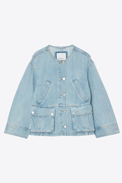 Collarless Trapeze Denim Jacket Light Blue