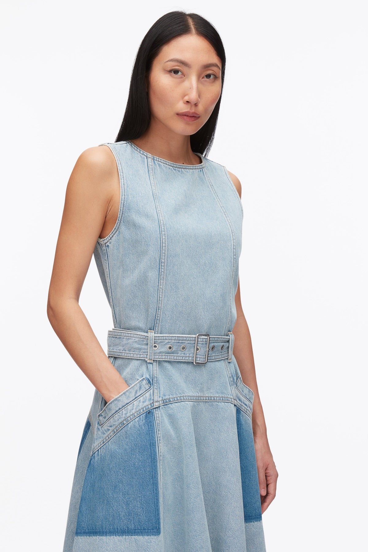 Ghost Patch Sleeveless Belted Midi Dress Light Blue