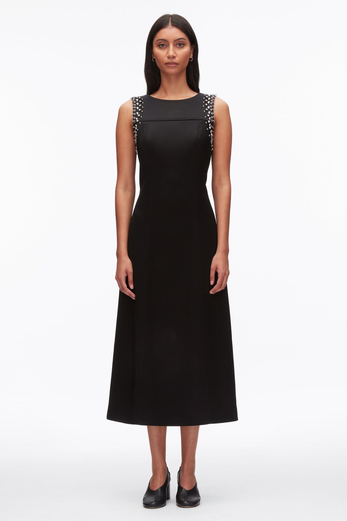 Studded Satin Sleeveless Midi Dress Black
