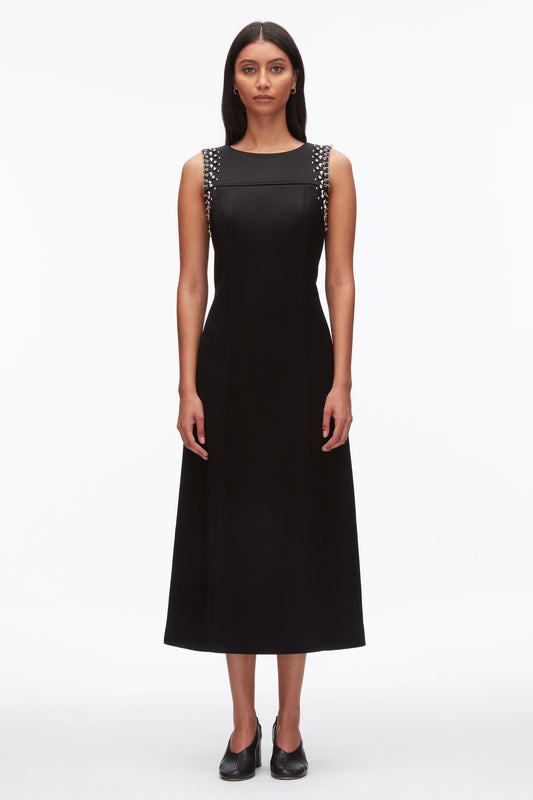 Studded Satin Sleeveless Midi Dress Black