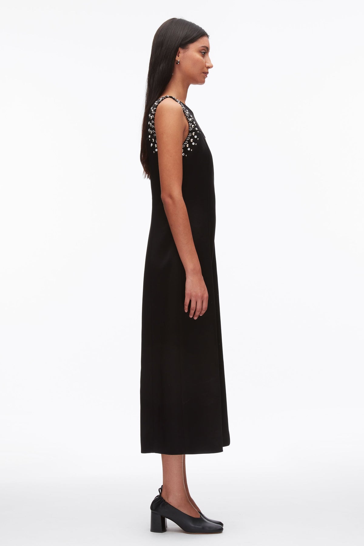 Studded Satin Sleeveless Midi Dress Black
