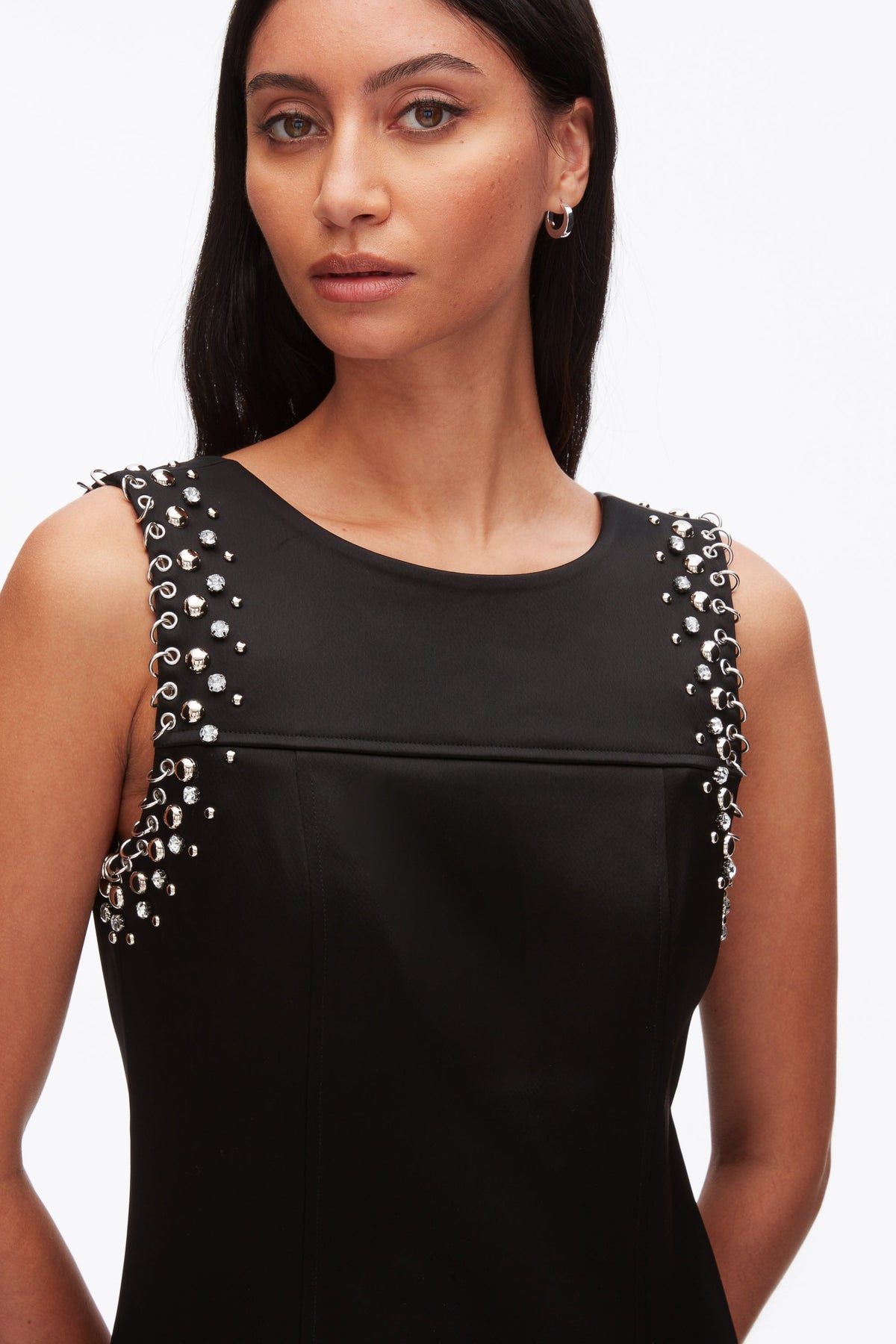 Studded Satin Sleeveless Midi Dress Black