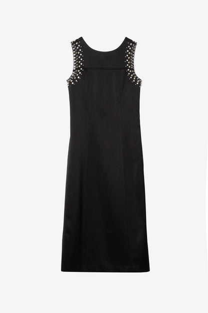 Studded Satin Sleeveless Midi Dress Black