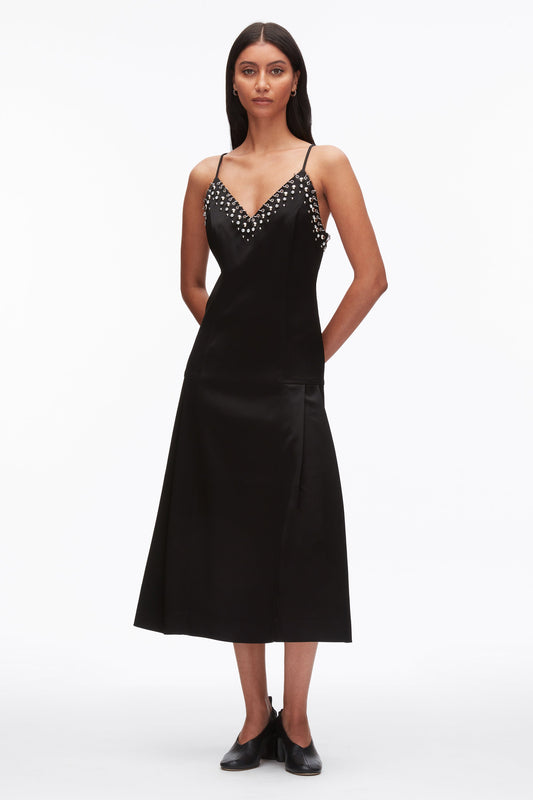 Studded Satin Pleated Cami Midi Dress Black