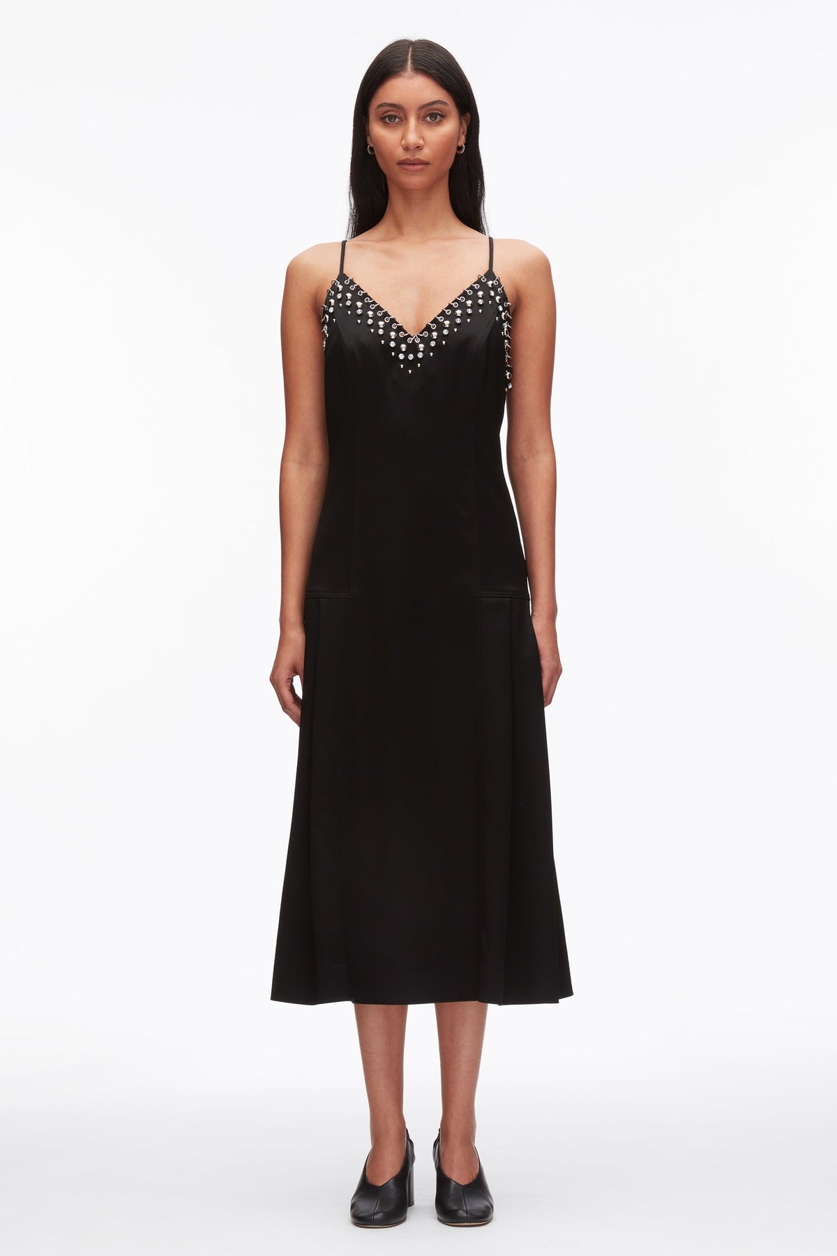 Studded Satin Pleated Cami Midi Dress Black