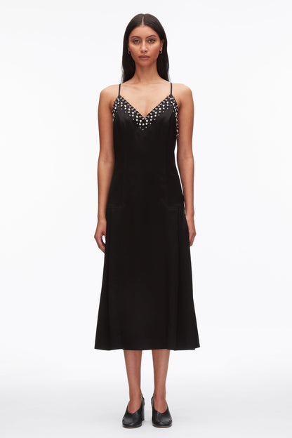 Studded Satin Pleated Cami Midi Dress Black