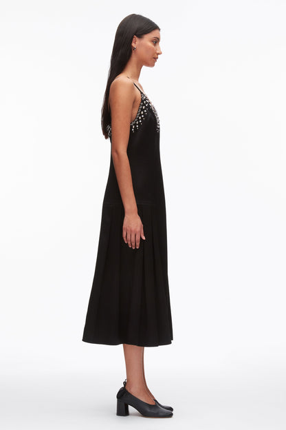 Studded Satin Pleated Cami Midi Dress Black