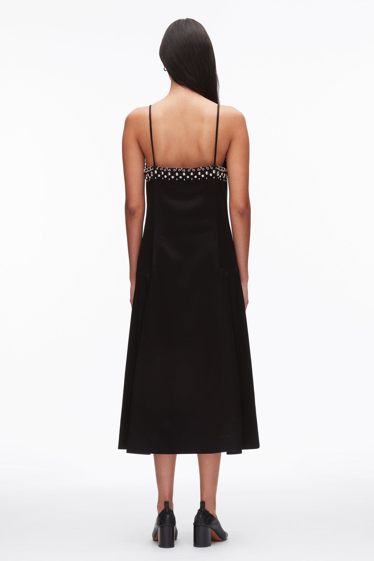 Studded Satin Pleated Cami Midi Dress Black