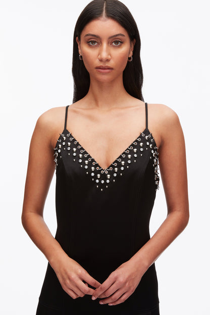 Studded Satin Pleated Cami Midi Dress Black