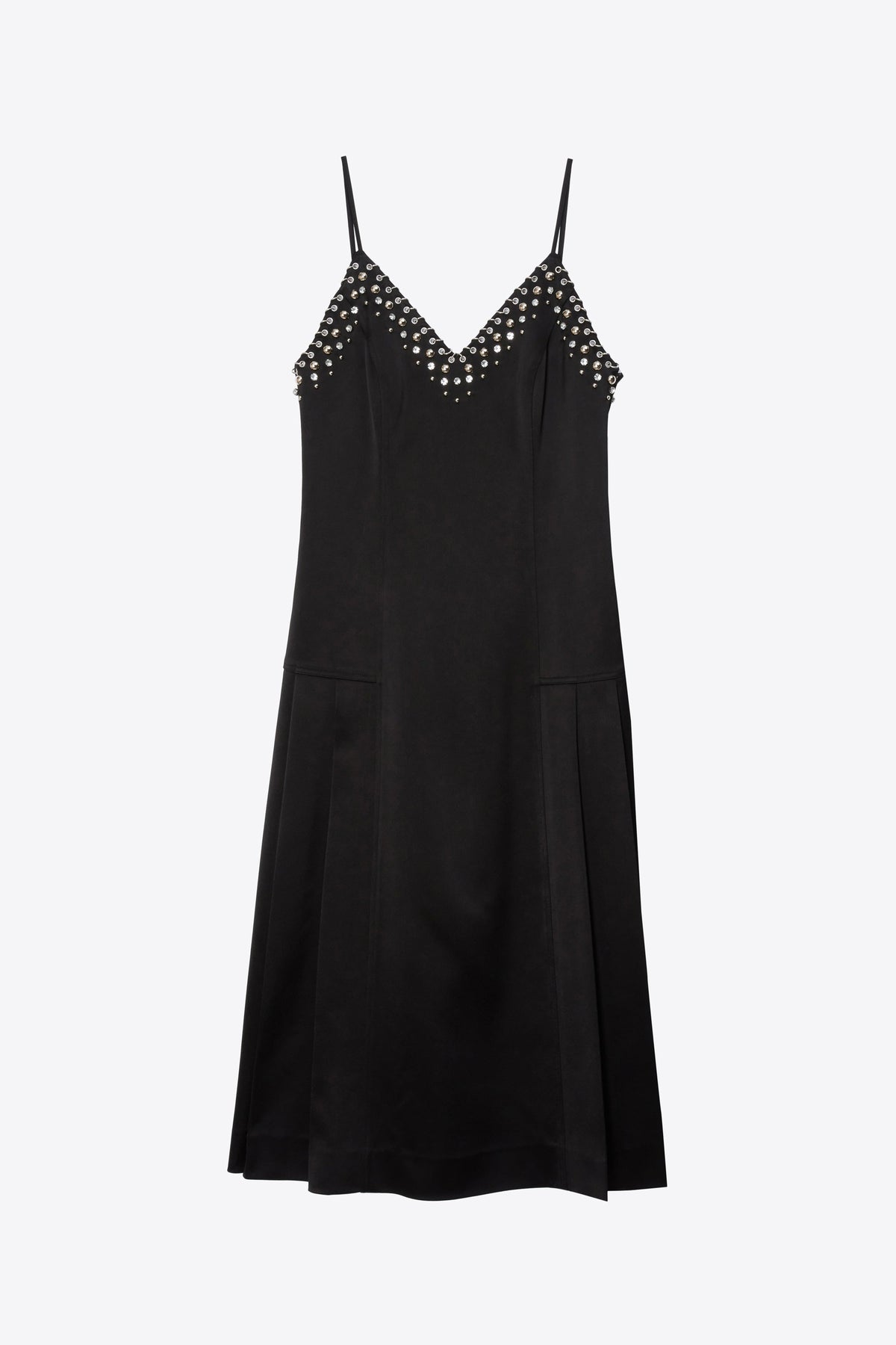 Studded Satin Pleated Cami Midi Dress Black