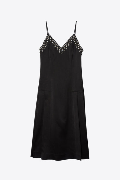 Studded Satin Pleated Cami Midi Dress Black