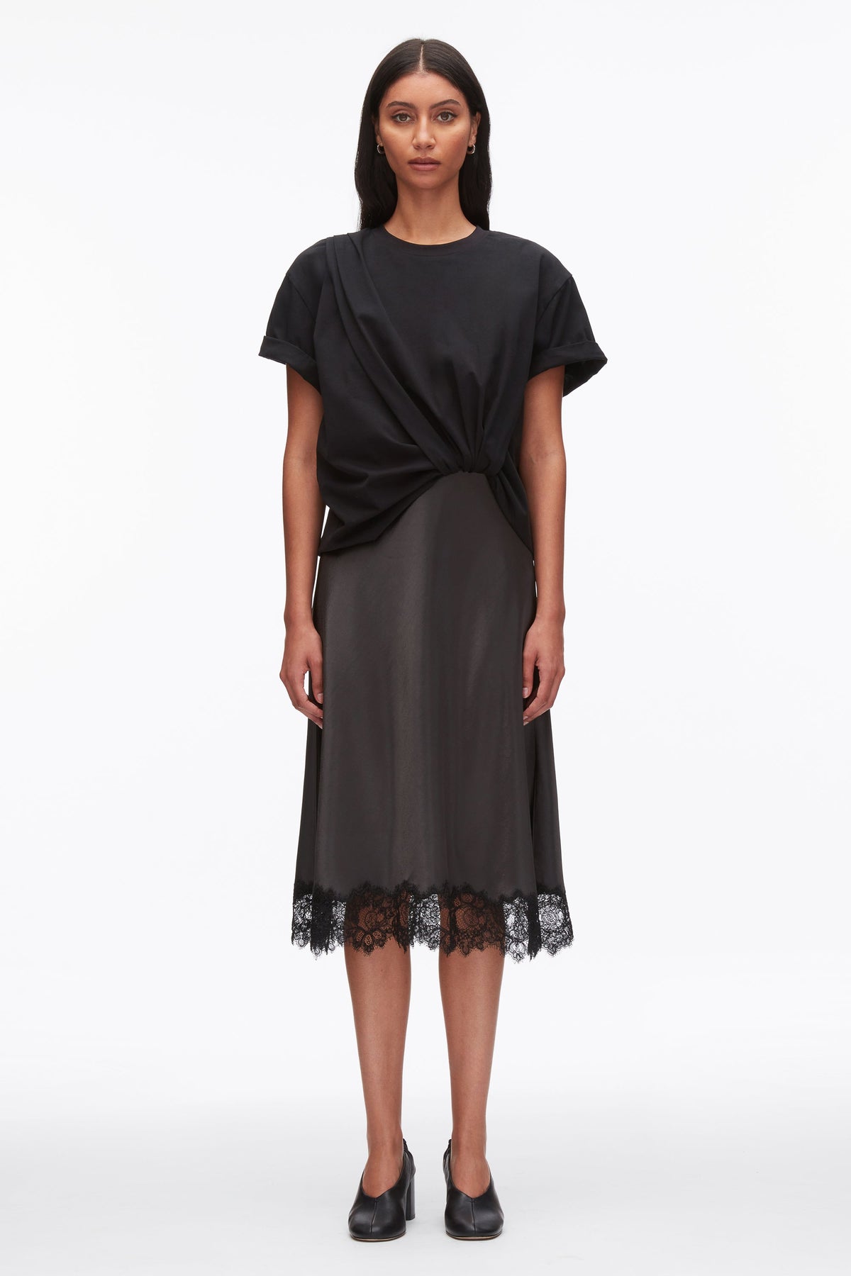 Draped Combo T-Shirt Dress with Lace Trim Black-Slate