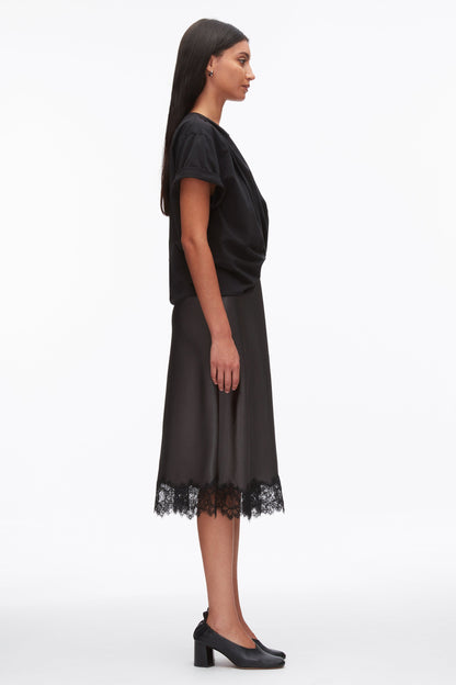 Draped Combo T-Shirt Dress with Lace Trim Black-Slate