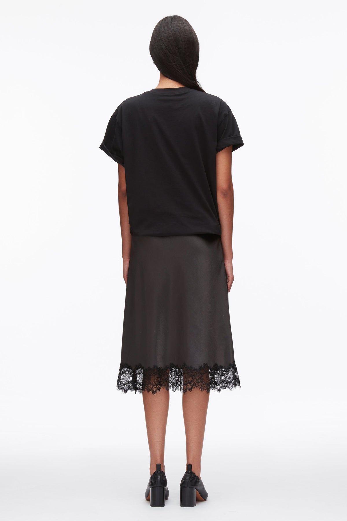 Draped Combo T-Shirt Dress with Lace Trim Black-Slate
