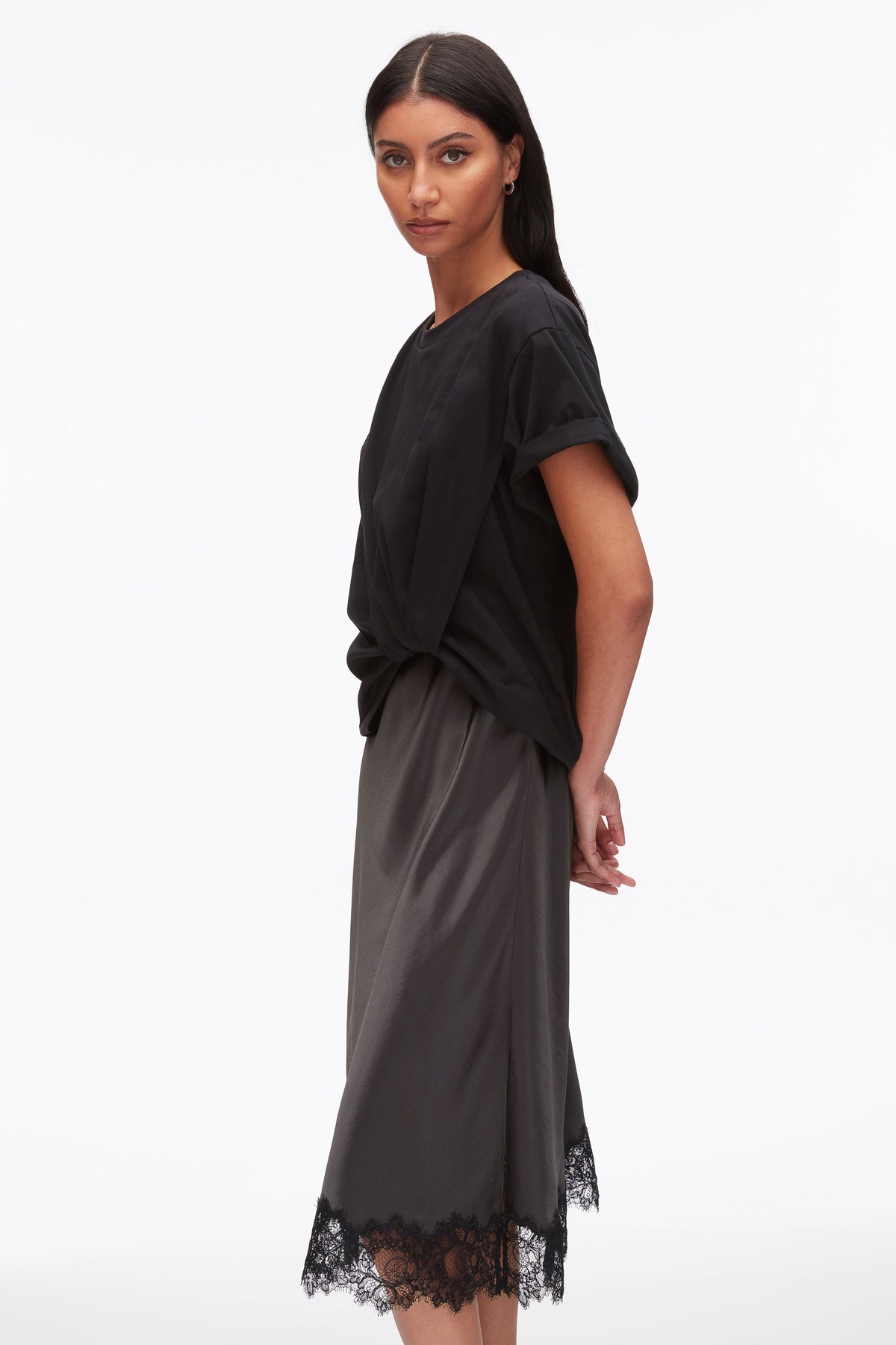 Draped Combo T-Shirt Dress with Lace Trim Black-Slate