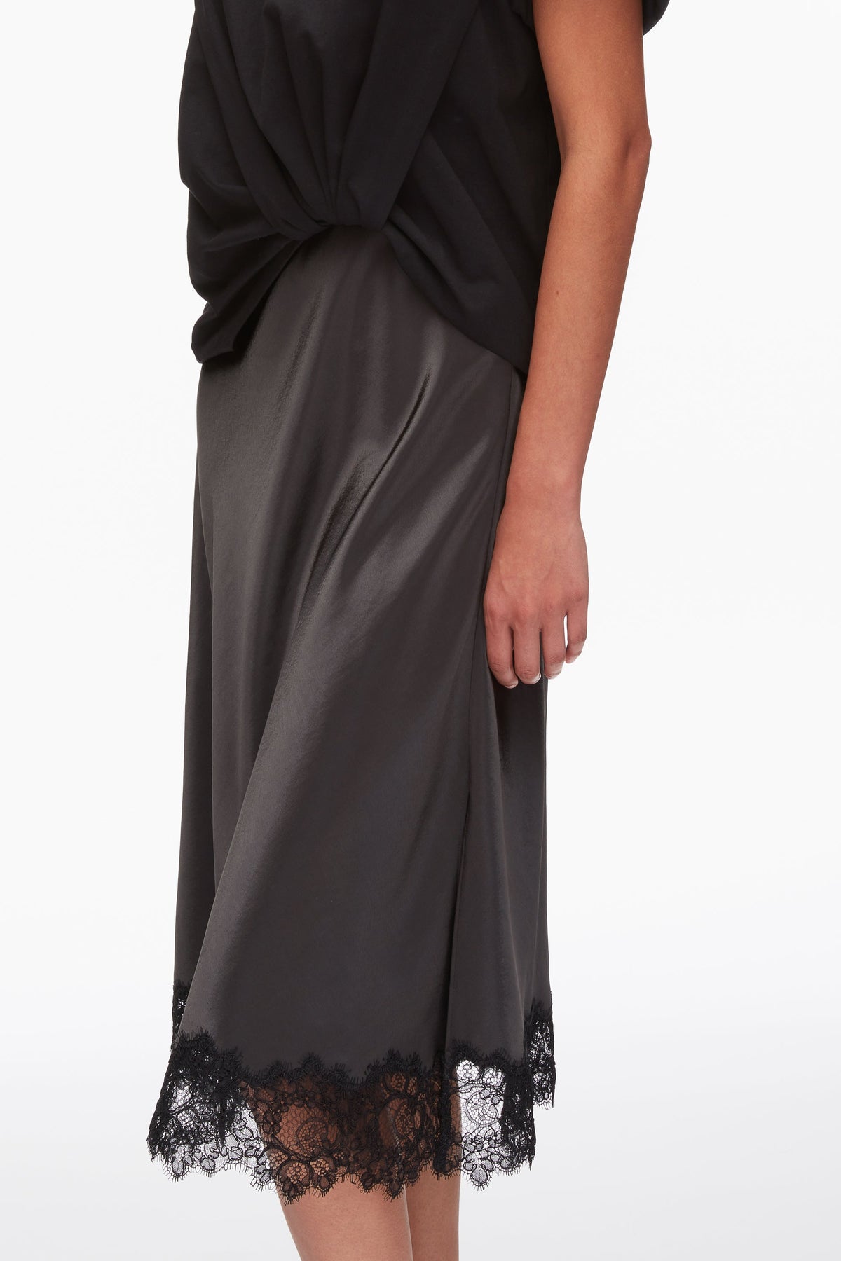 Draped Combo T-Shirt Dress with Lace Trim Black-Slate