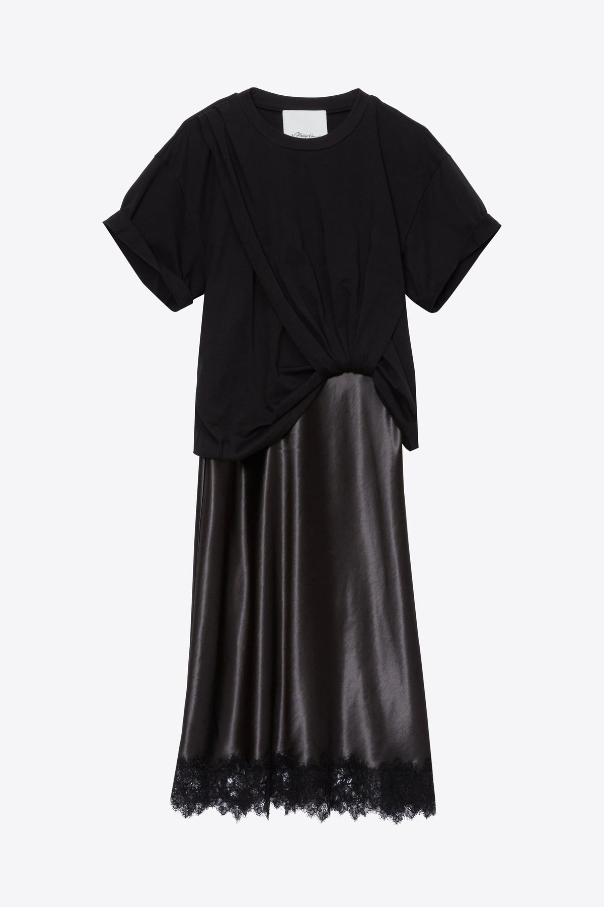 Draped Combo T-Shirt Dress with Lace Trim Black-Slate