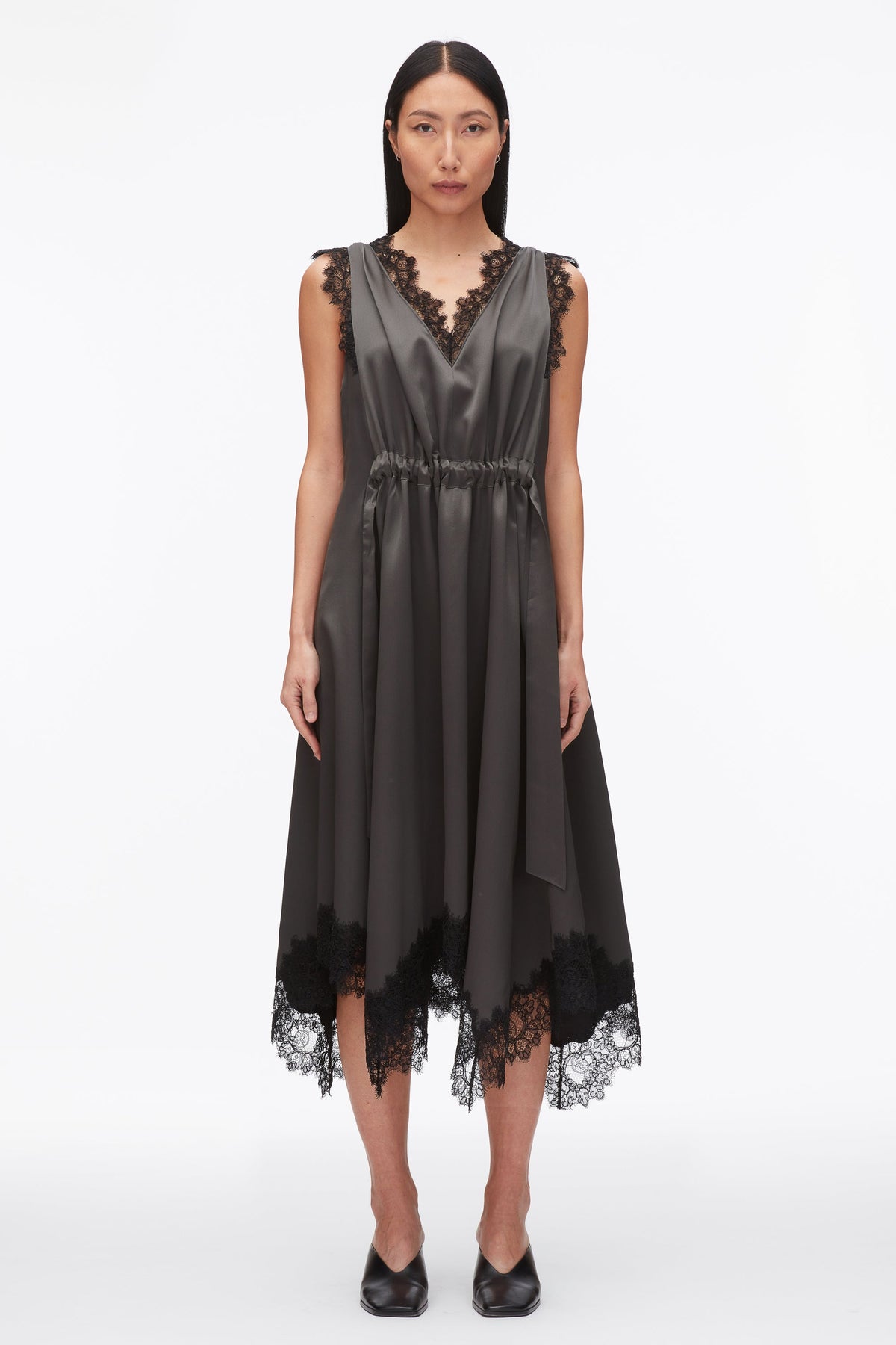 V-Neck Midi Dress with Lace Trim Slate