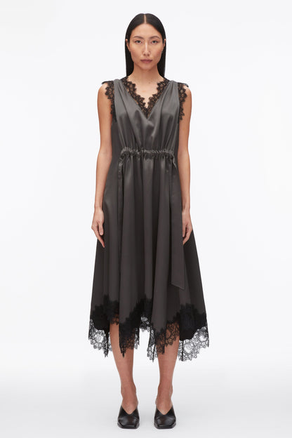 V-Neck Midi Dress with Lace Trim Slate