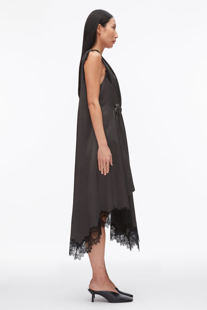 V-Neck Midi Dress with Lace Trim Slate