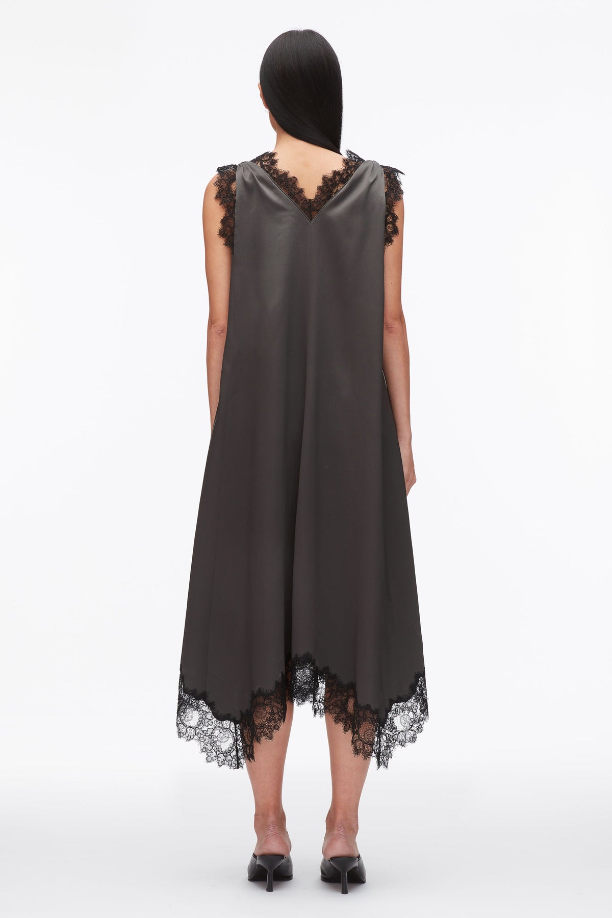 V-Neck Midi Dress with Lace Trim Slate