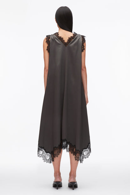 V-Neck Midi Dress with Lace Trim Slate
