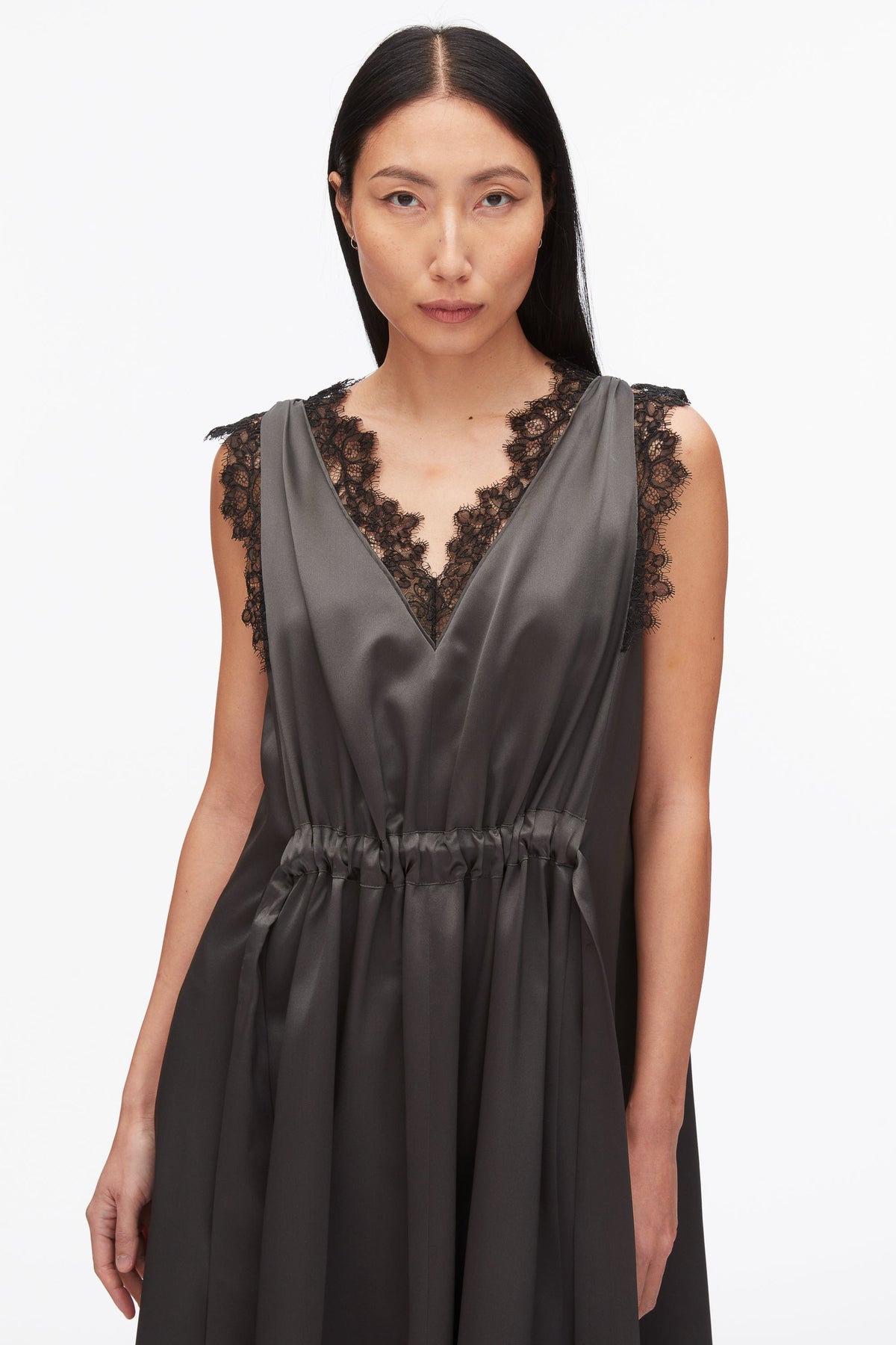 V-Neck Midi Dress with Lace Trim Slate
