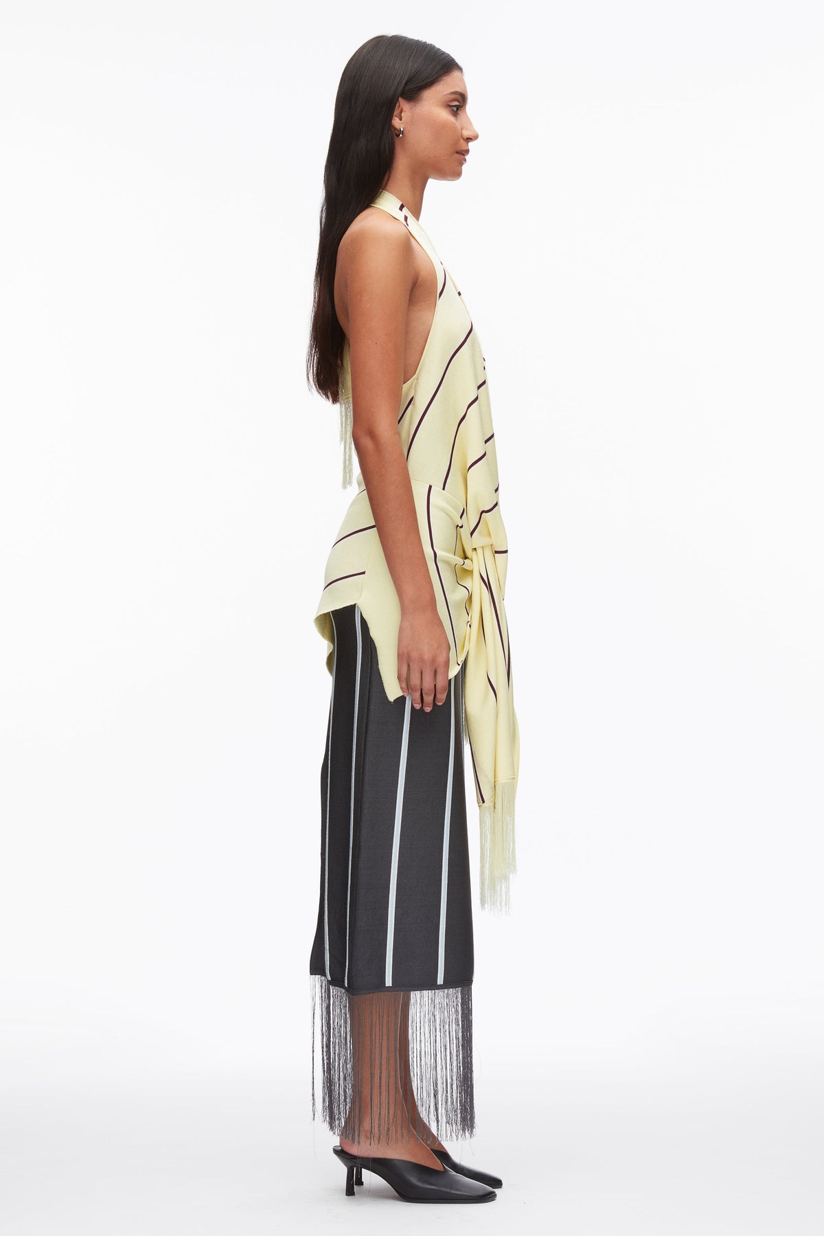Draped Stripe Halter Top with Fringe Yuzu Multi