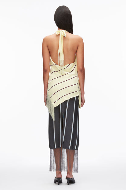Draped Stripe Halter Top with Fringe Yuzu Multi