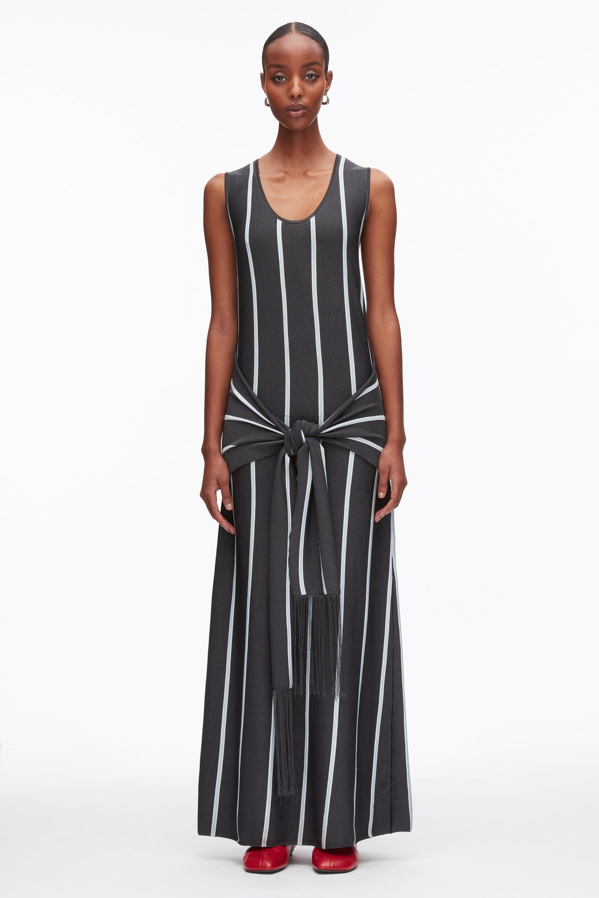 Stripe Midi Dress with Fringe Waist Tie Slate Multi