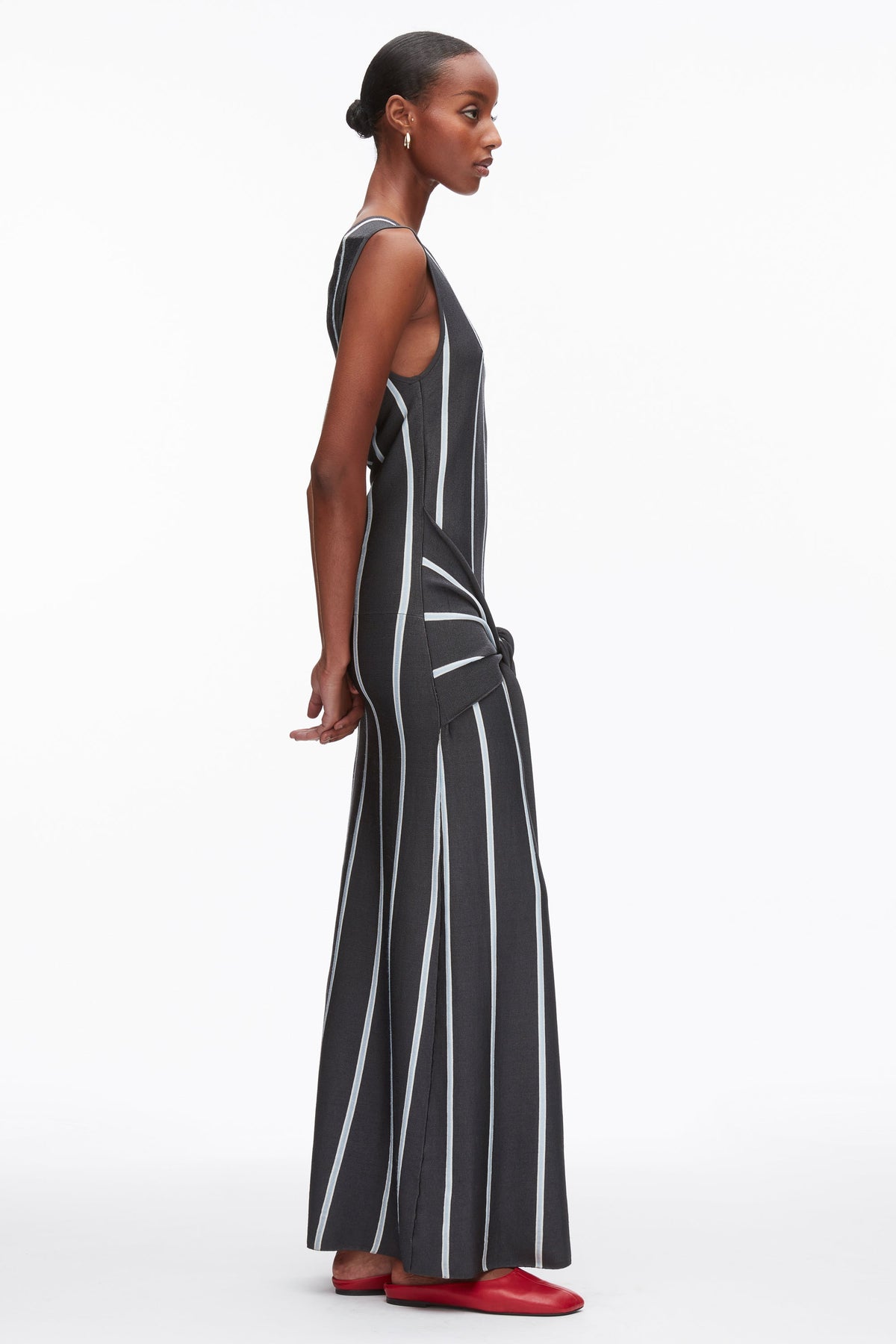 Stripe Midi Dress with Fringe Waist Tie Slate Multi