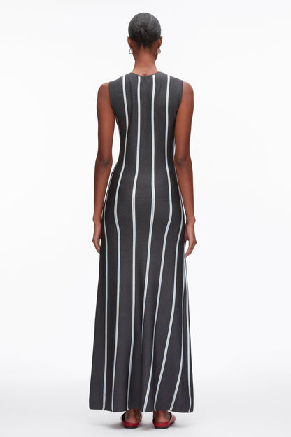 Stripe Midi Dress with Fringe Waist Tie Slate Multi