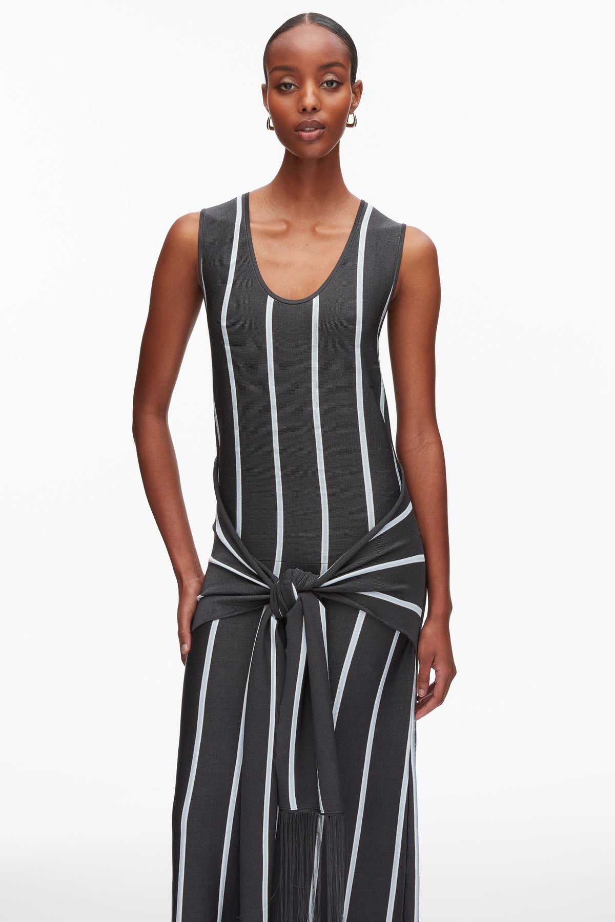 Stripe Midi Dress with Fringe Waist Tie Slate Multi
