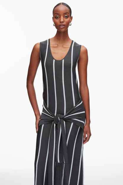 Stripe Midi Dress with Fringe Waist Tie Slate Multi