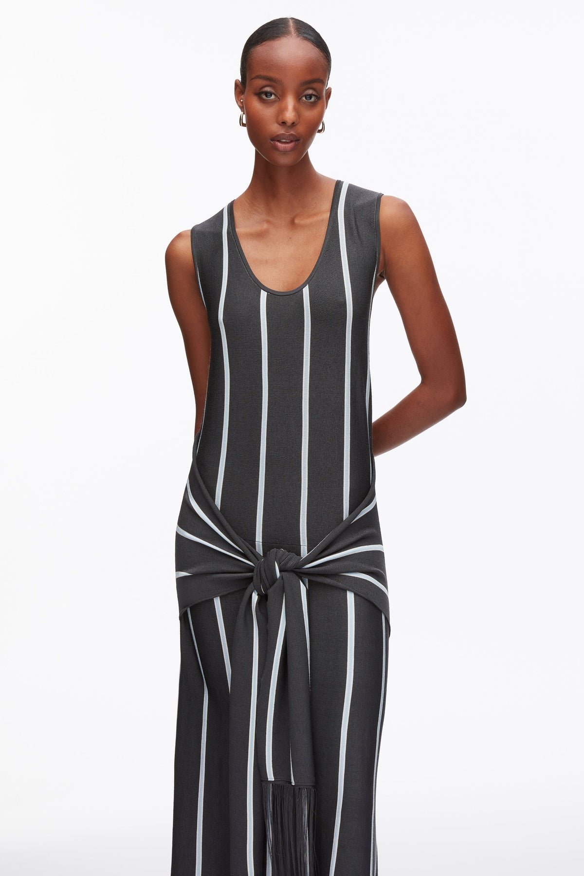 Stripe Midi Dress with Fringe Waist Tie Slate Multi