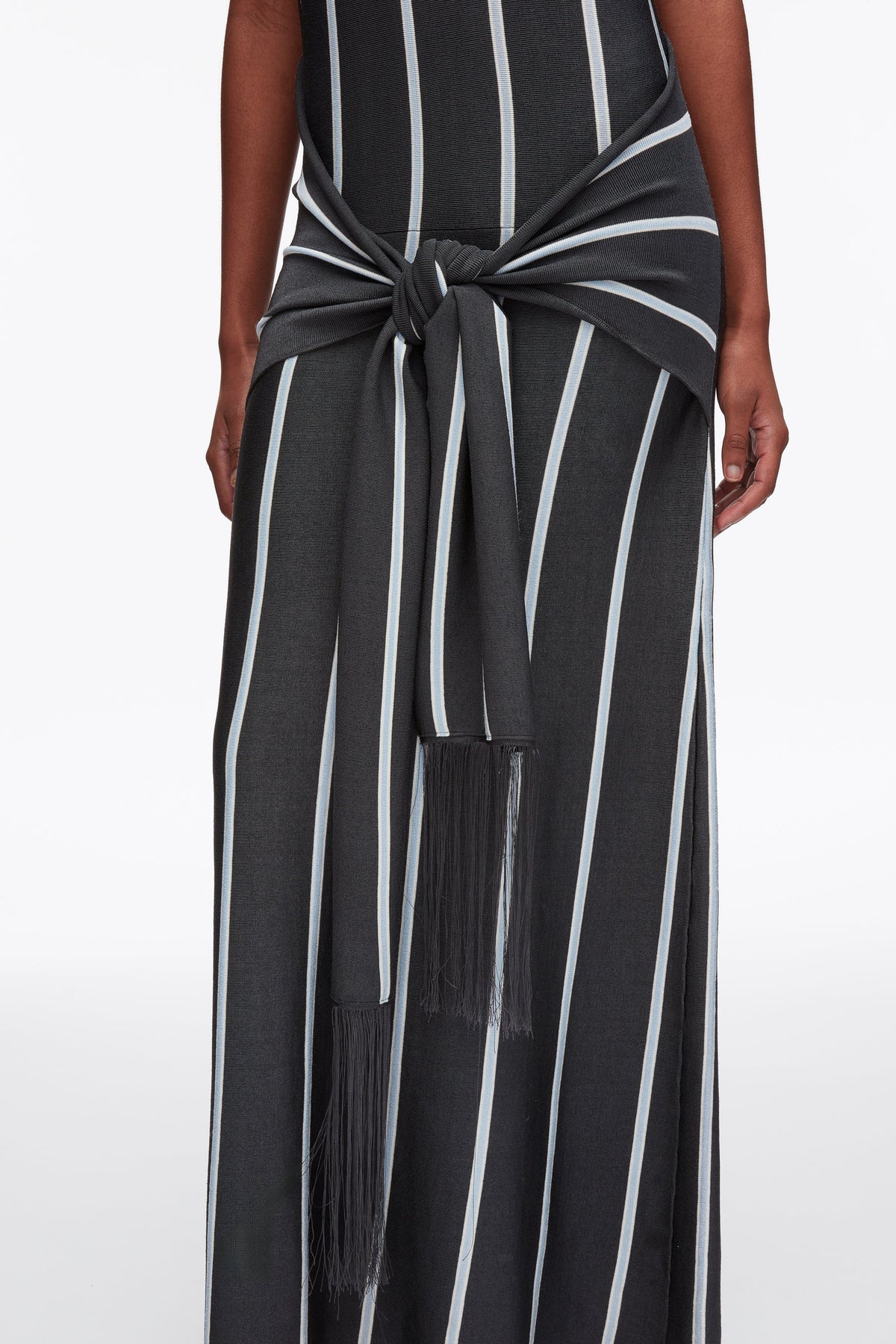 Stripe Midi Dress with Fringe Waist Tie Slate Multi